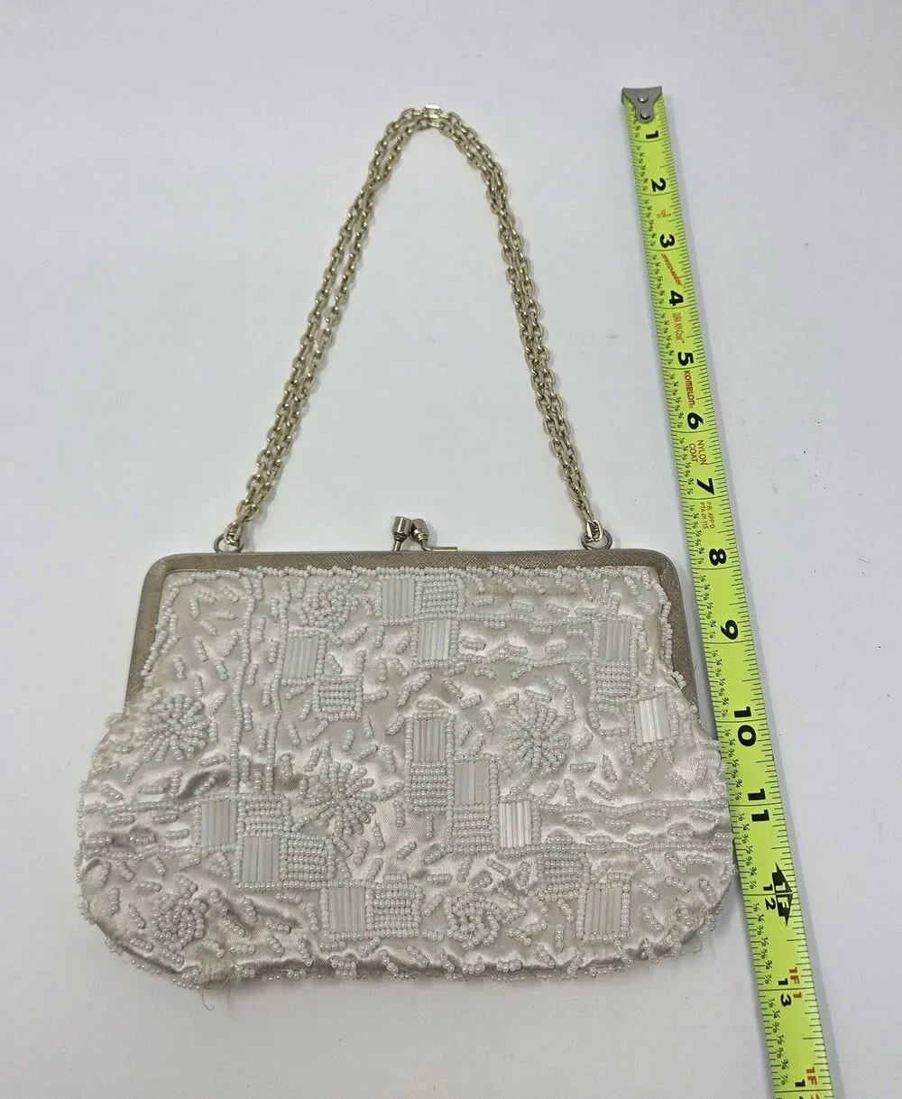 Vintage La Regale Beaded Evening Purse‎ Ivory Satin Kiss Lock Hong Kong Wedding